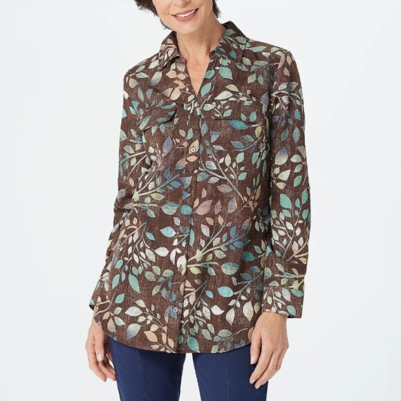 Denim & Co. Womens Top Medium Brown Leaf Print Button Up Shirt Long Sleeve NWOT - Picture 2 of 12